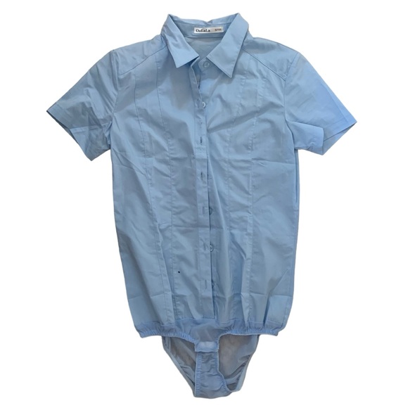 Office blouse button down short sleeve XS bodysuit snap crotch collared - Picture 1 of 7
